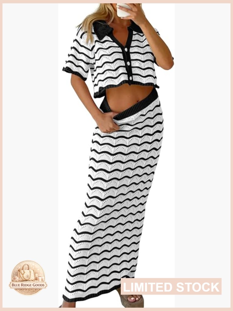 Striped Crochet Cover Up Set Button Down Crop Top Maxi Skirt Beachwear Chic
